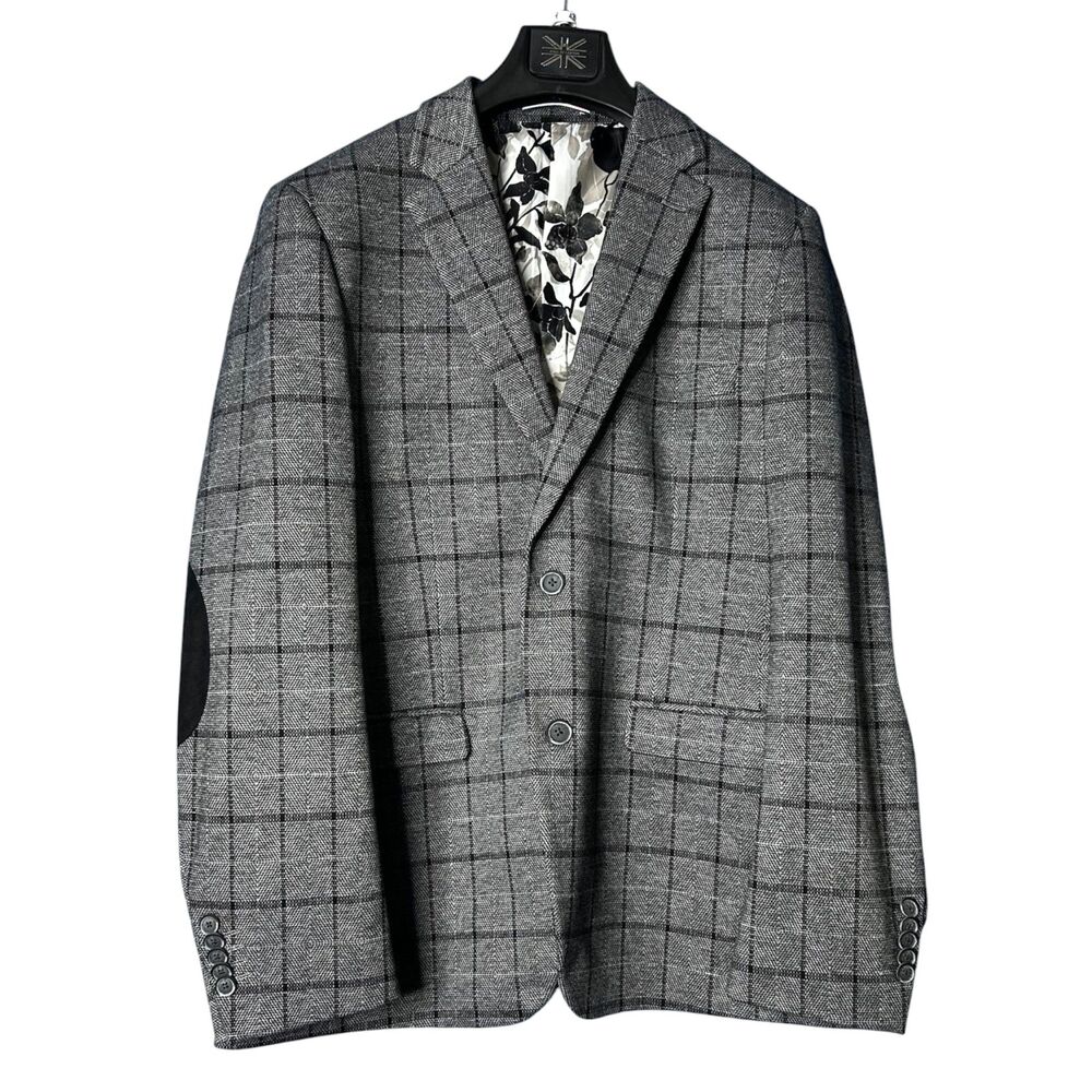 Soul of London Mens Gray Windowpane Plaid Blazer Sz42R Corporate Business Career